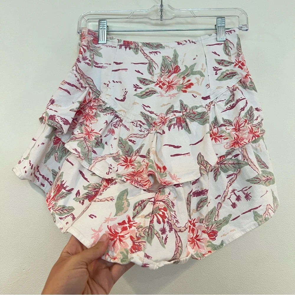 Mother The Ruffle White Hawaiian Summer Beach Print Denim Mini Skirt in Aloha 26 - Picture 3 of 7
